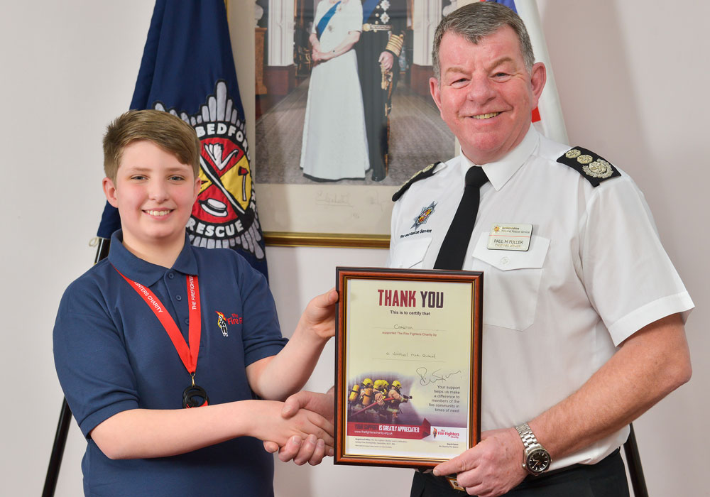 Cameron Moore, aged 13 from Kempston in Bedfordshire is a supporter and regular fundraiser for The Firefighters Charity.